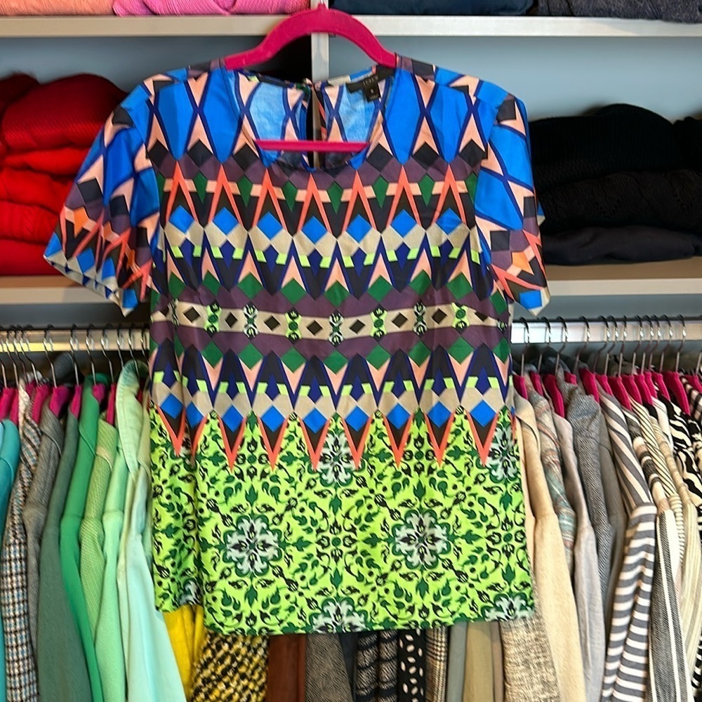 J Crew 100% silk multicolored print short sleeve blouse size 0